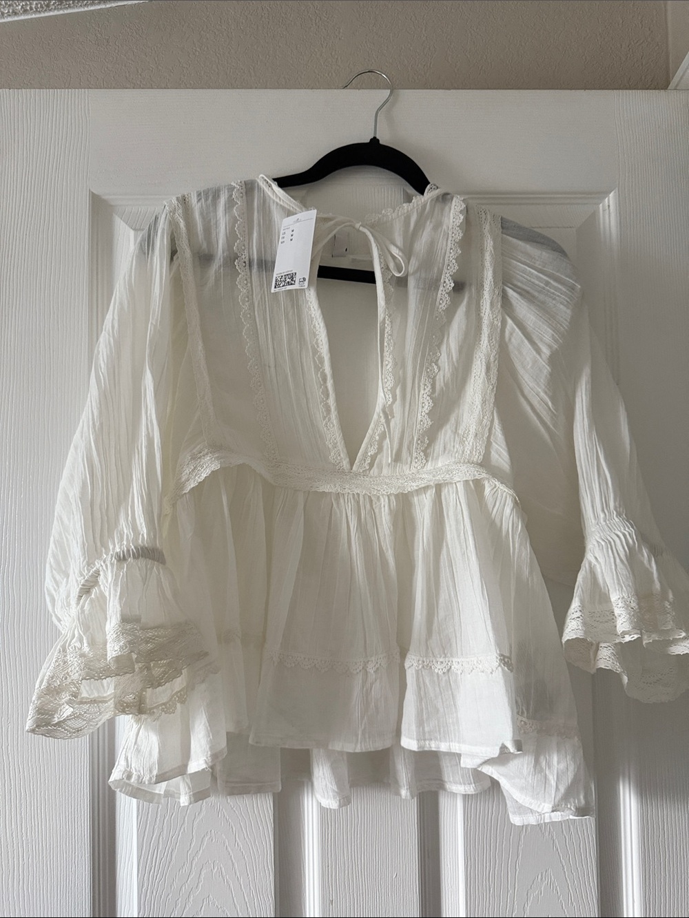 White Lace-Trim Peasant Blouse - Women's White Top